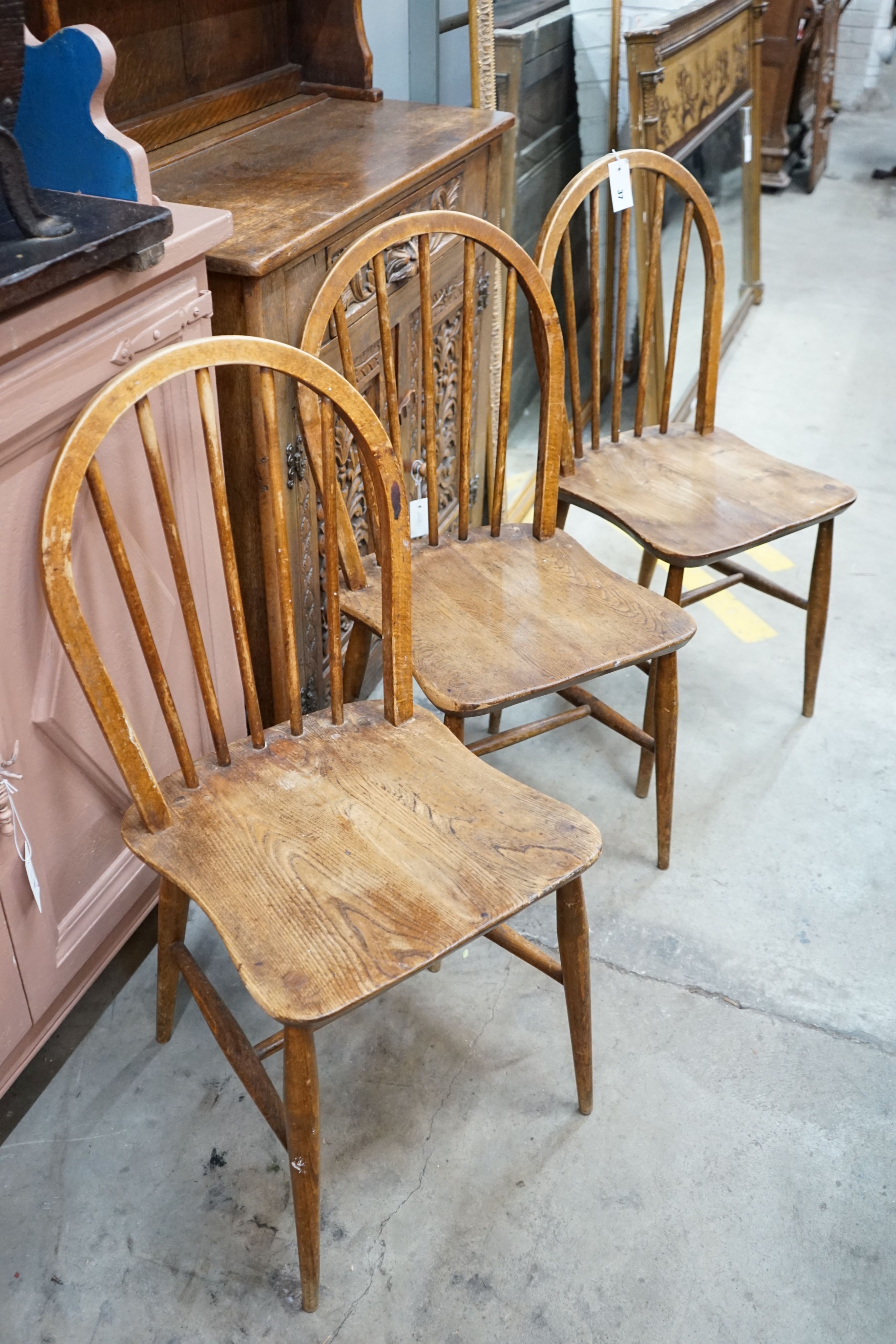 Five elm and beech Windsor comb back dining chairs